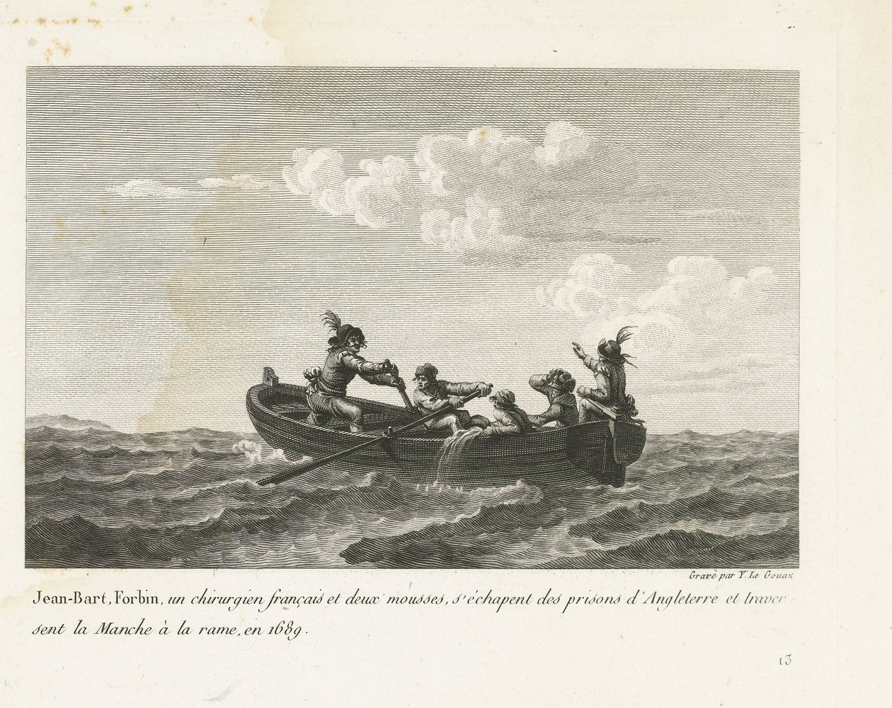 让-巴特逃离英国监狱划船横渡英吉利海峡，1689 年
让-巴特、福尔宾、一名法国外科医生和两名缪斯从英国监狱逃脱，划船横渡英吉利海峡，1689 年（标题见实物）
藏品 作者 伊夫·玛丽·勒·古阿兹