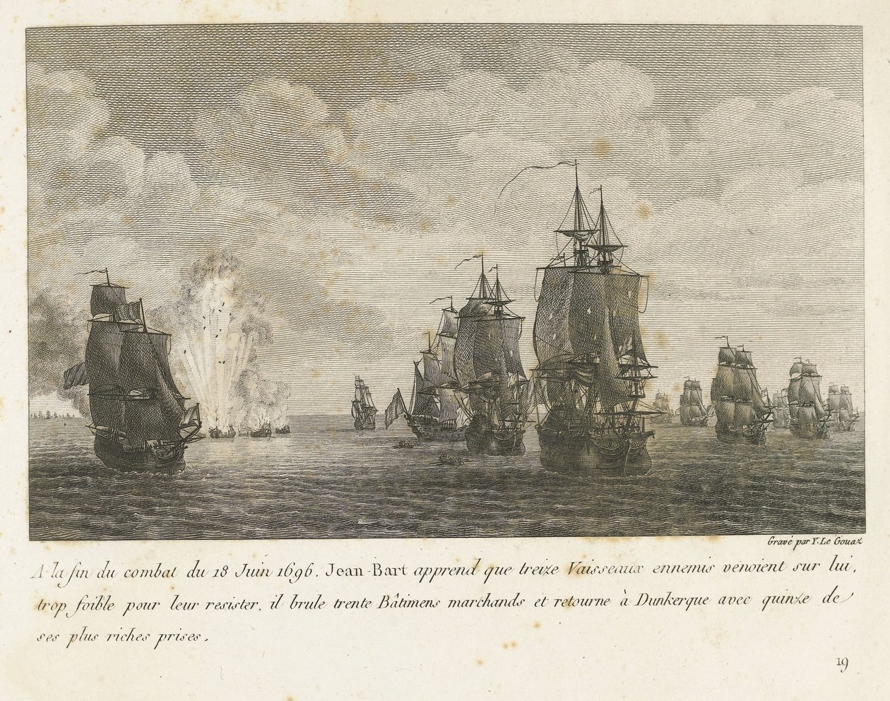 让-巴特与荷兰船只之战，1696 年
1696 年 6 月 18 日战役结束时，让-巴特得知十三艘敌船（......），并带着他最富有的十一件战利品返回敦刻尔克（标题见实物）
战斗记录 作者 伊夫·玛丽·勒·古阿兹
