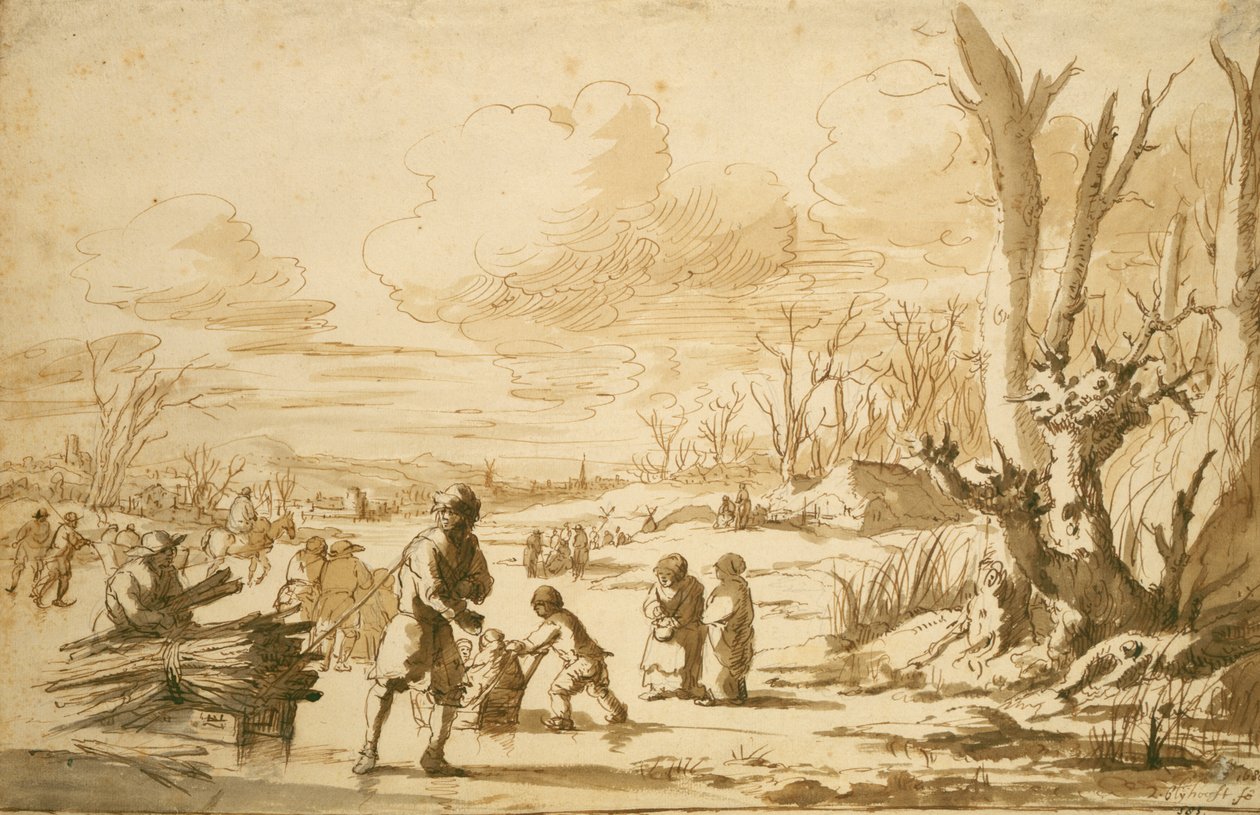 享受冰，1680年（钢笔和铅笔在纸上） 作者 扎卡里亚斯·布莱霍夫特（Zacharias Blyhooft）