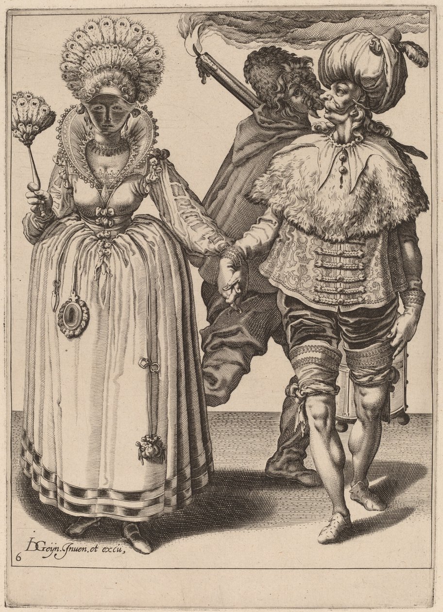 头戴头巾的男子带领身披孔雀羽毛的女子 作者 Jacques de Gheyn II 之后的 Zacharias Dolendo