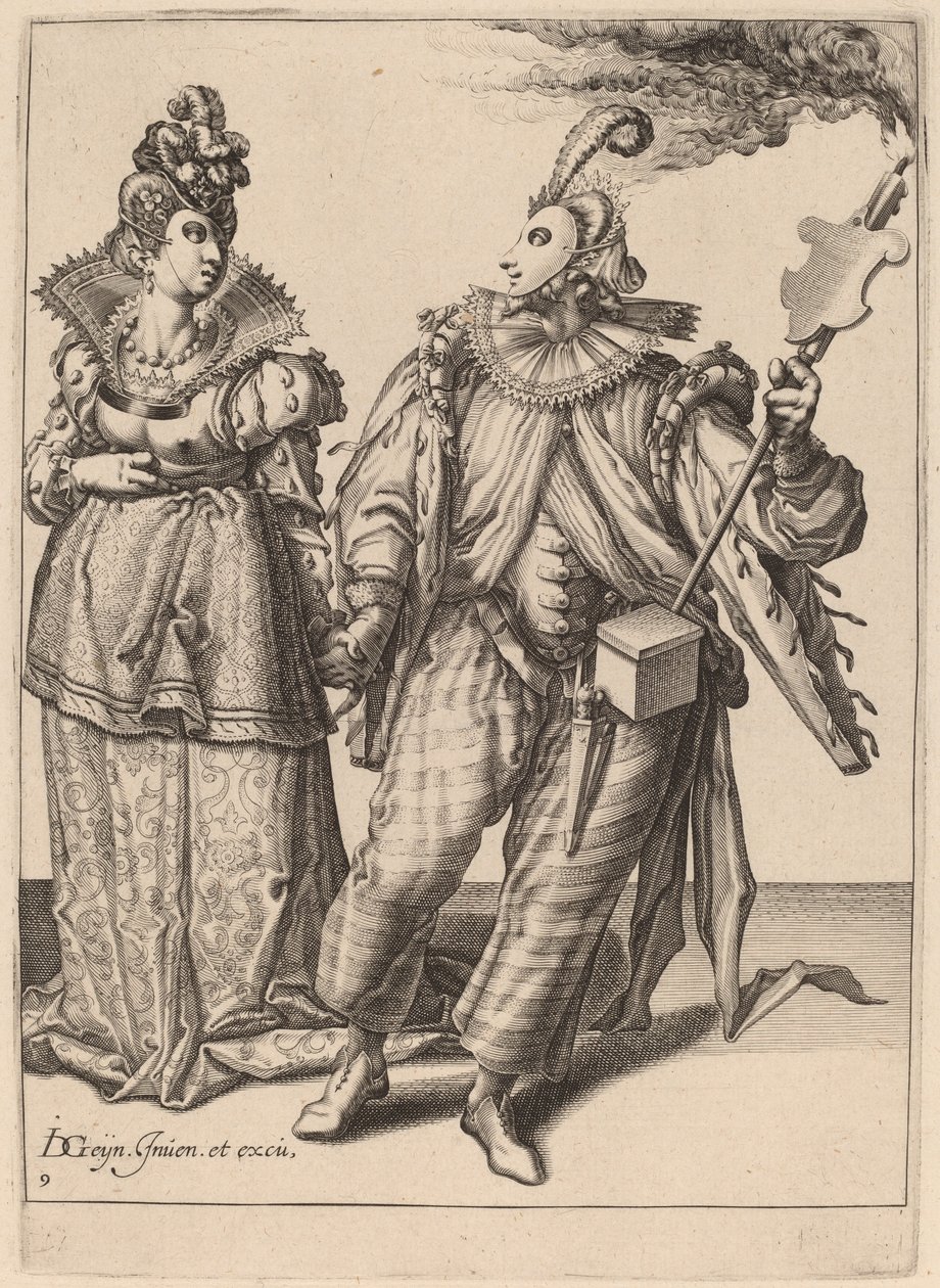 一个女人被一个举着火炬的玩家牵着走 作者 Jacques de Gheyn II 之后的 Zacharias Dolendo