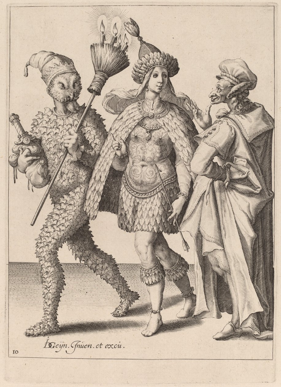 老人对着一对身着羽毛的夫妇讲话 作者 Jacques de Gheyn II 之后的 Zacharias Dolendo
