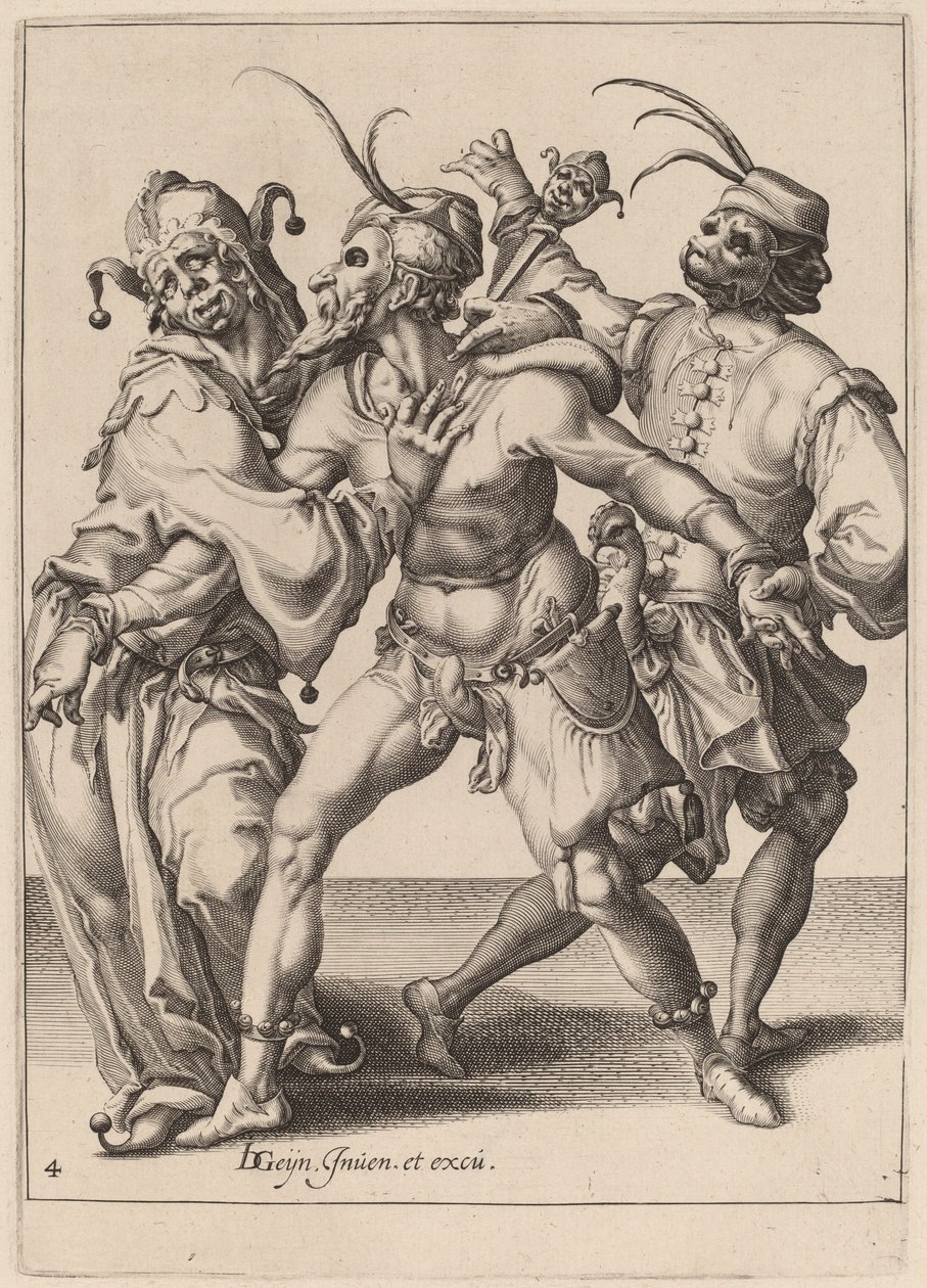 三位舞者，包括一位小丑 作者 Jacques de Gheyn II 之后的 Zacharias Dolendo