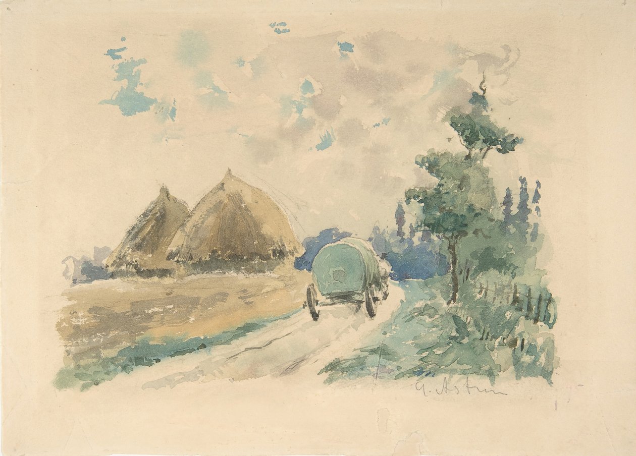 有马车和干草堆的风景，约1869-70。 作者 Zacharie Astruc