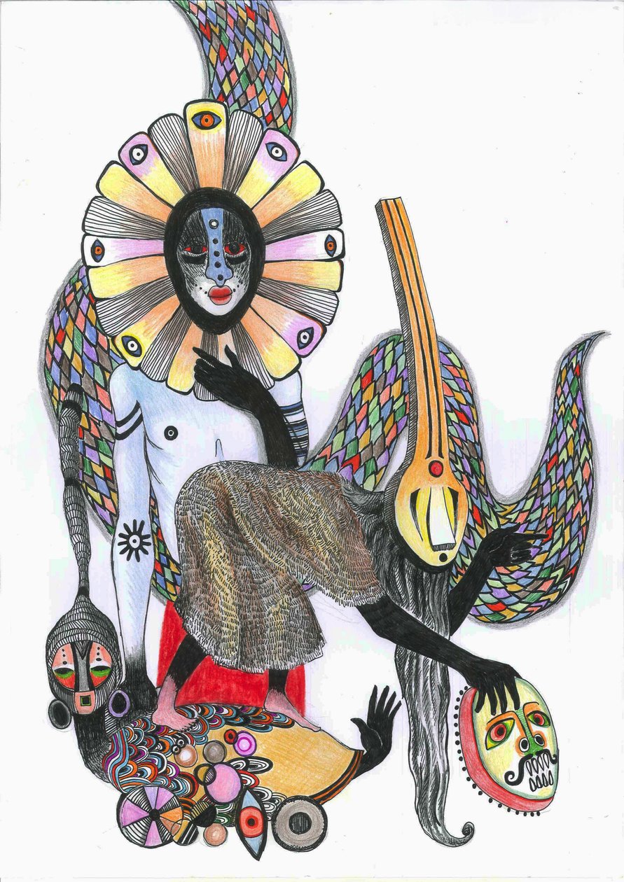 2012年面具之舞（笔，墨水和彩色铅笔在纸上） 作者 Zanara Sabina Nedelcheva Williams