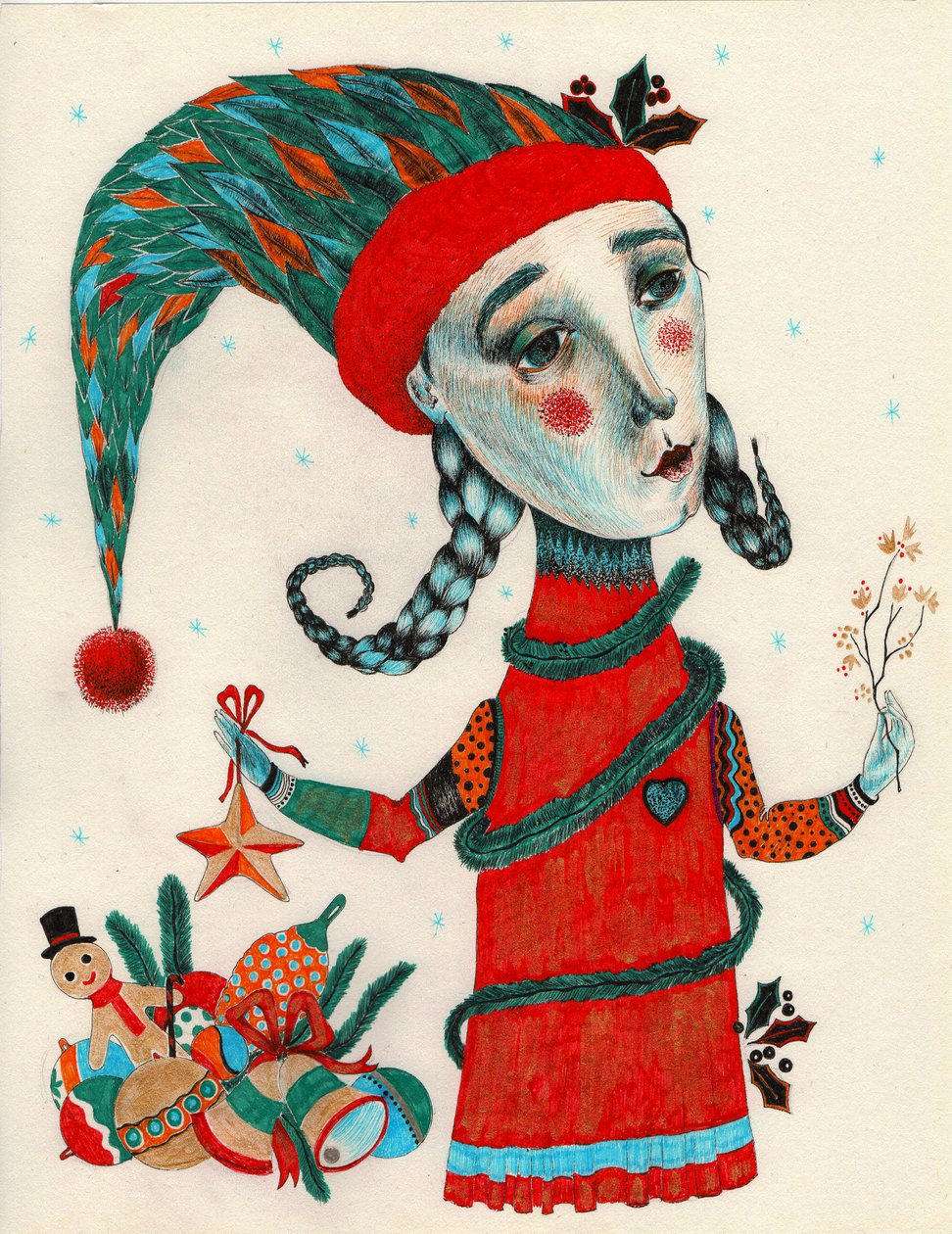 圣诞小精灵，2020年（纸上水墨画） 作者 萨宾娜·内德尔切娃·威廉姆斯 (Zanara)