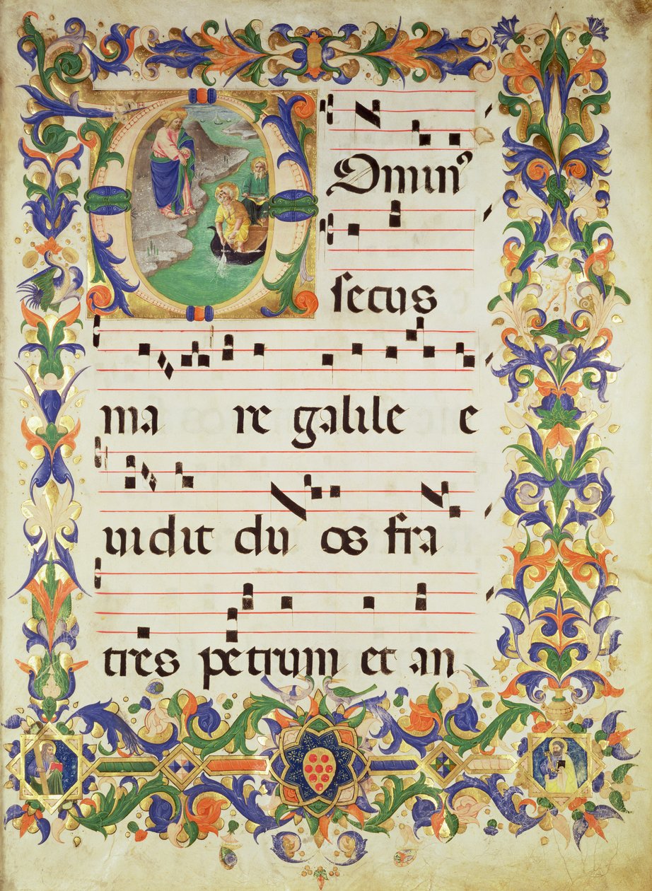 Missal 515 f.1r合唱音乐页面，带有历史性的首字母&39;O&39;，描绘了圣彼得和圣安德鲁的呼唤，Filippo di Matteo Torelli（1409-68）从合唱团的书中照亮的边界 作者 Benedetto Strozzi 的 Zanobi
