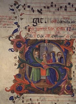 Missal 515 f.28v历史最初的S描绘了圣殿中的呈现，1448-49 作者 Benedetto Strozzi 的 Zanobi