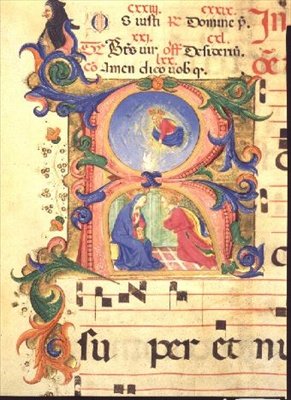 Missal 515 f.42r历史上最初的R描绘了报喜，1448-49 作者 Benedetto Strozzi 的 Zanobi