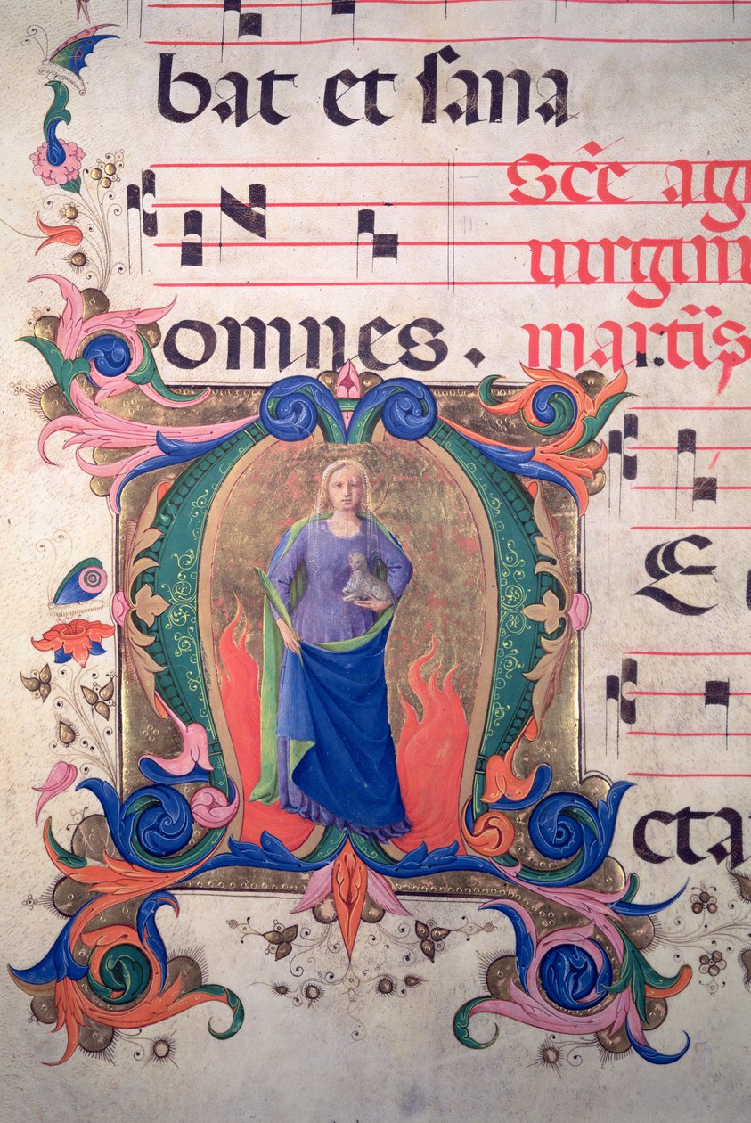 Missal 515 f.13v历史上的初始&39;M&39;描绘了St. Agnes，来自乐谱 作者 Benedetto Strozzi 的 Zanobi