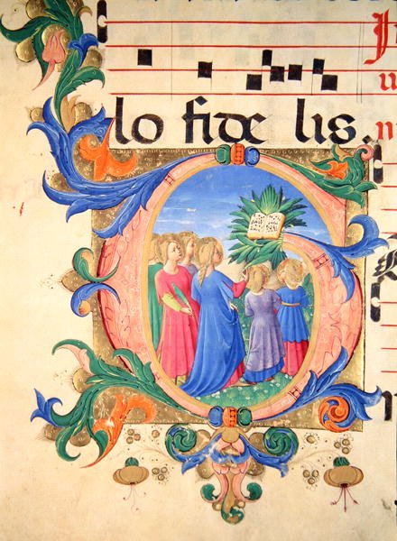 Missal 515 f.144v 历史性的首字母 "G "描绘了信徒进入天堂的情景（牛皮纸）。 作者 Benedetto Strozzi 的 Zanobi
