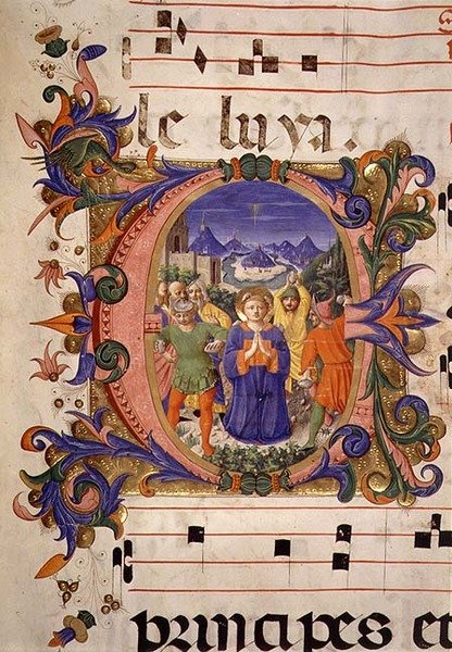 Missal 515 f.5r 圣司提反的殉难以历史上的首字母描述，边框由Filippo di Mateo Torelli (1409-68)从1449年之前执行的唱诗班书中照亮（牛皮纸）。 作者 Benedetto Strozzi 的 Zanobi