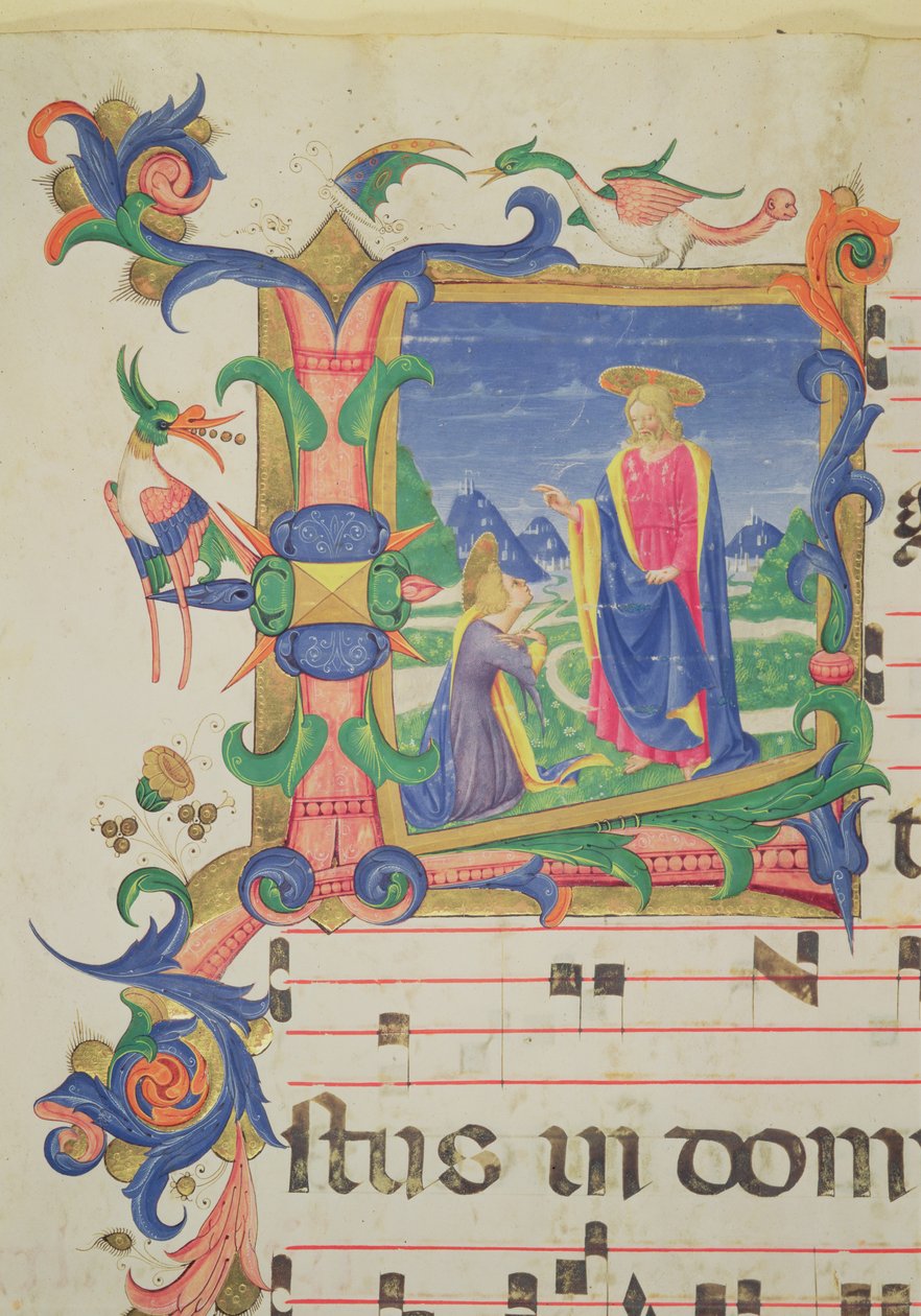 Missal 515 f.72v历史上的初始&39;L&39;描绘基督出现在玛利亚抹大拉，边界由Filippo di Matteo Torelli（1409-68）在1449年之前执行的合唱团照亮（de de 作者 Benedetto Strozzi 的 Zanobi