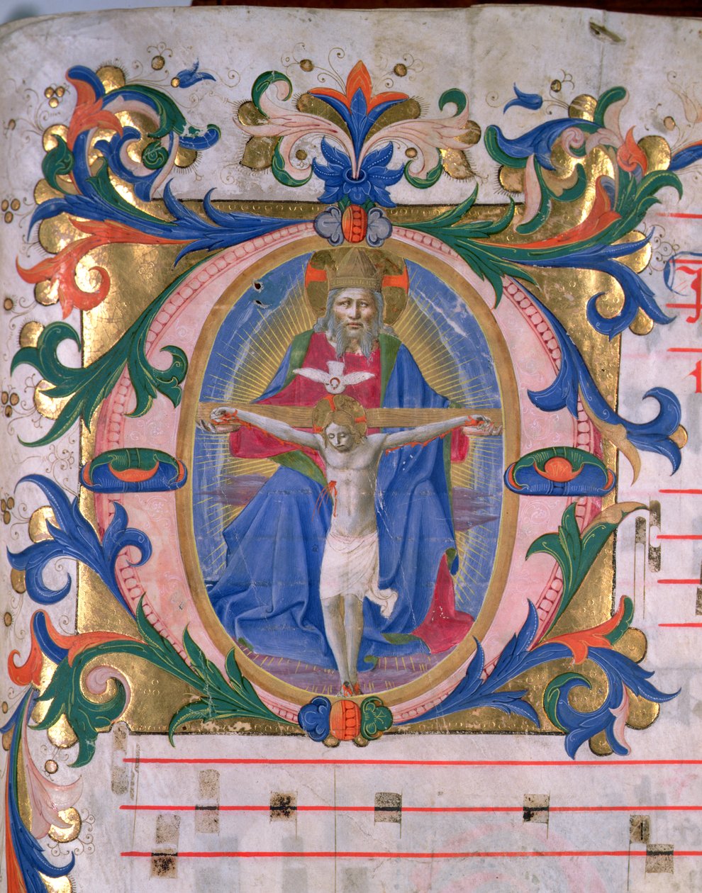 523页166r 历史性的首字母 "O "与三位一体，来自于约1446-60年的Missal（牛皮纸）。 作者 Benedetto Strozzi 的 Zanobi