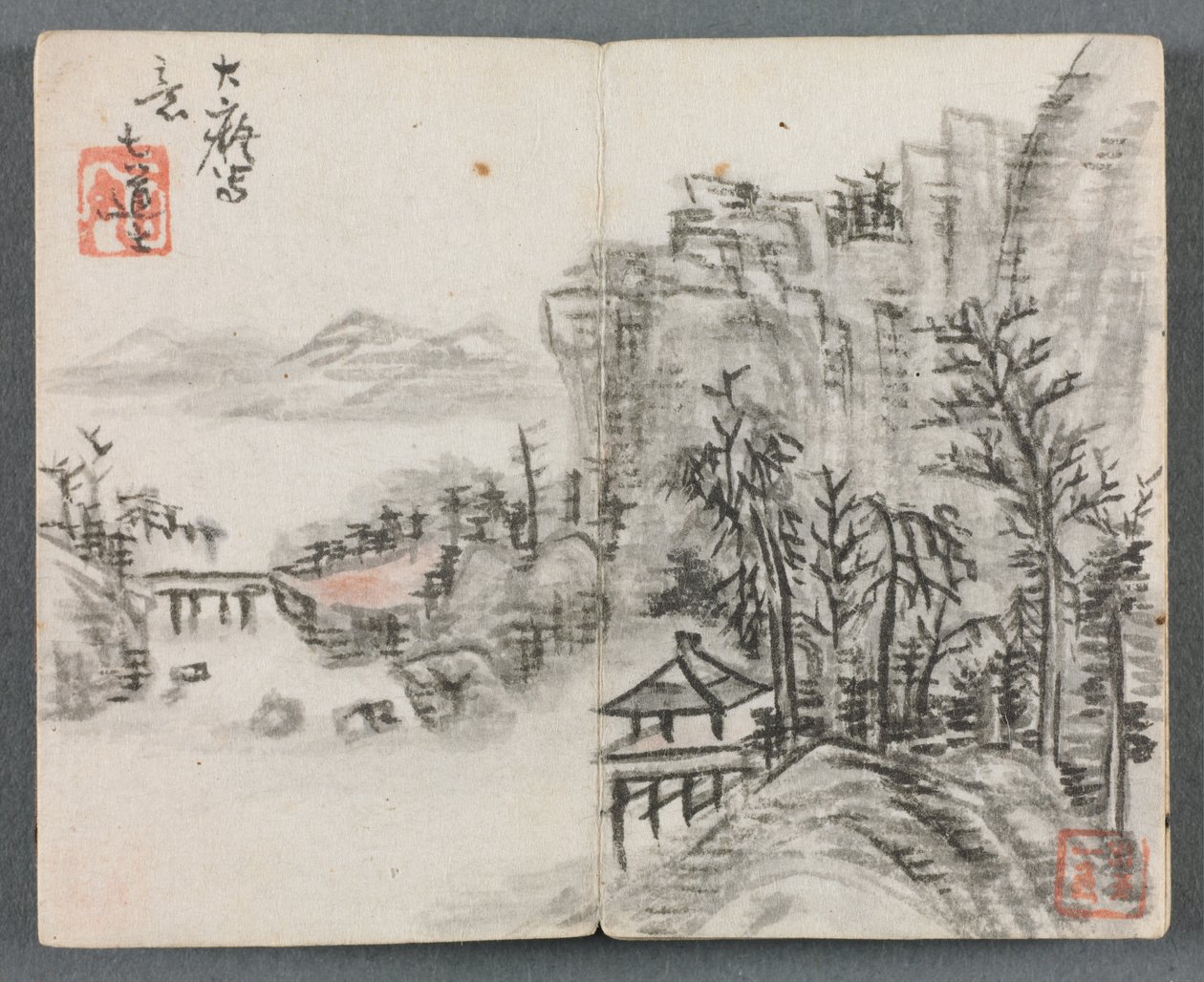 带人物和风景的微型专辑悬崖风景，带桥，1822年。 作者 曾扬东