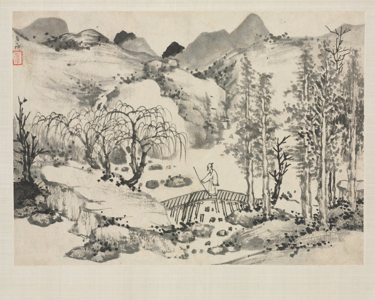 各种风格的风景相册：艺术家在桥上的风景 作者 查士标