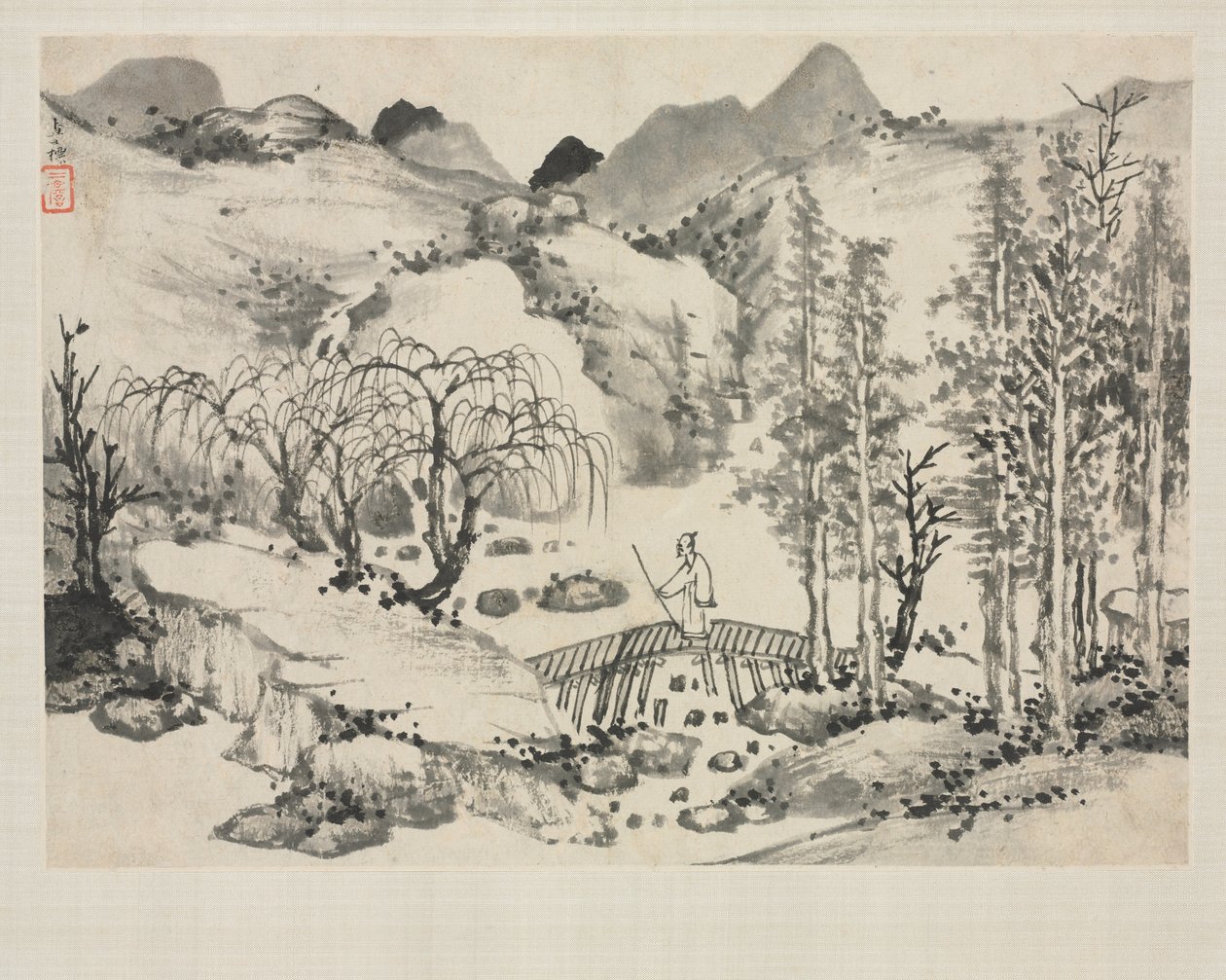 各种风格的风景画册：与艺术家在桥上的风景，1684年。 作者 查士标