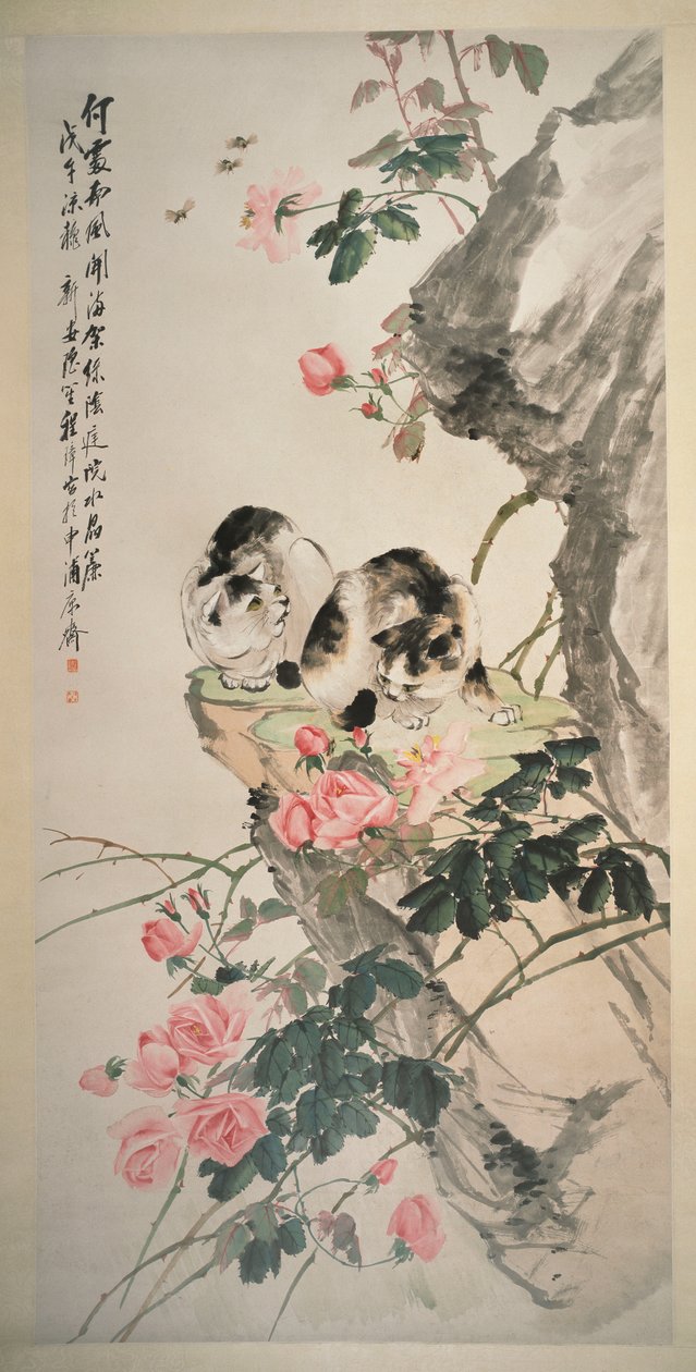 玫瑰与岩石上的猫 作者 张成