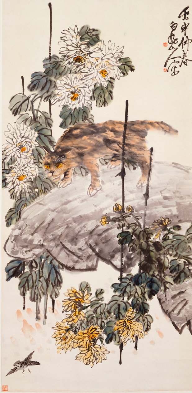 猫，鸟和菊花 作者 王振