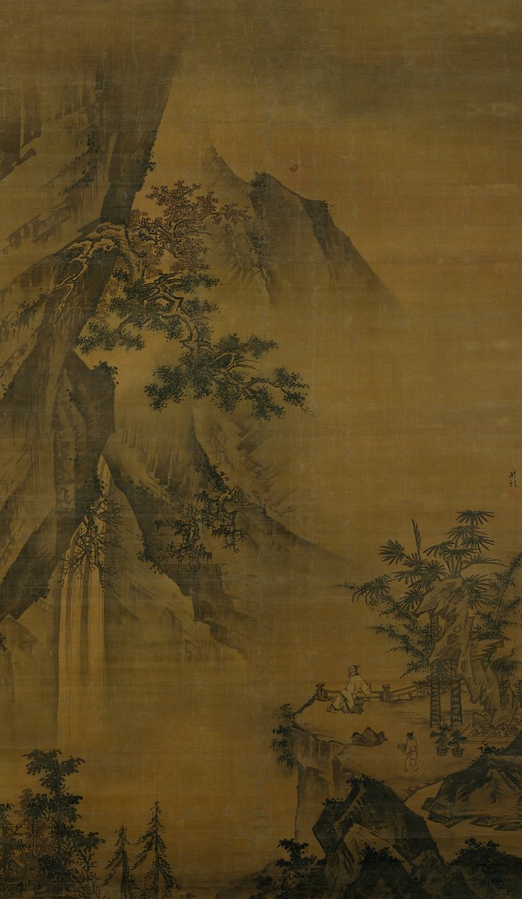 看着瀑布的学者，15世纪末。 作者 钟丽