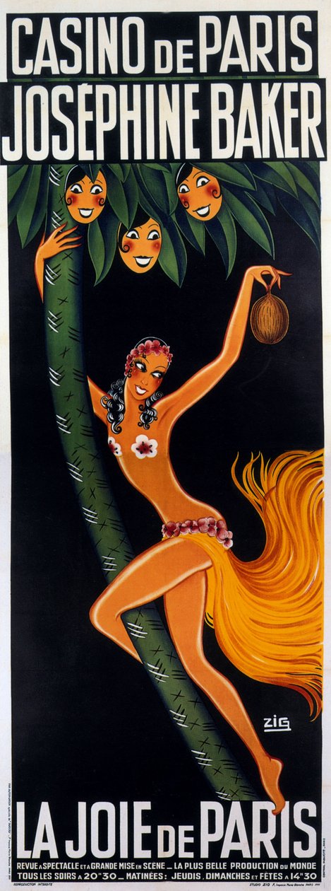 约瑟芬·贝克 (Josephine Baker) 演出“La joie de Paris”海报 1930 作者 齐格 (1900-1936)