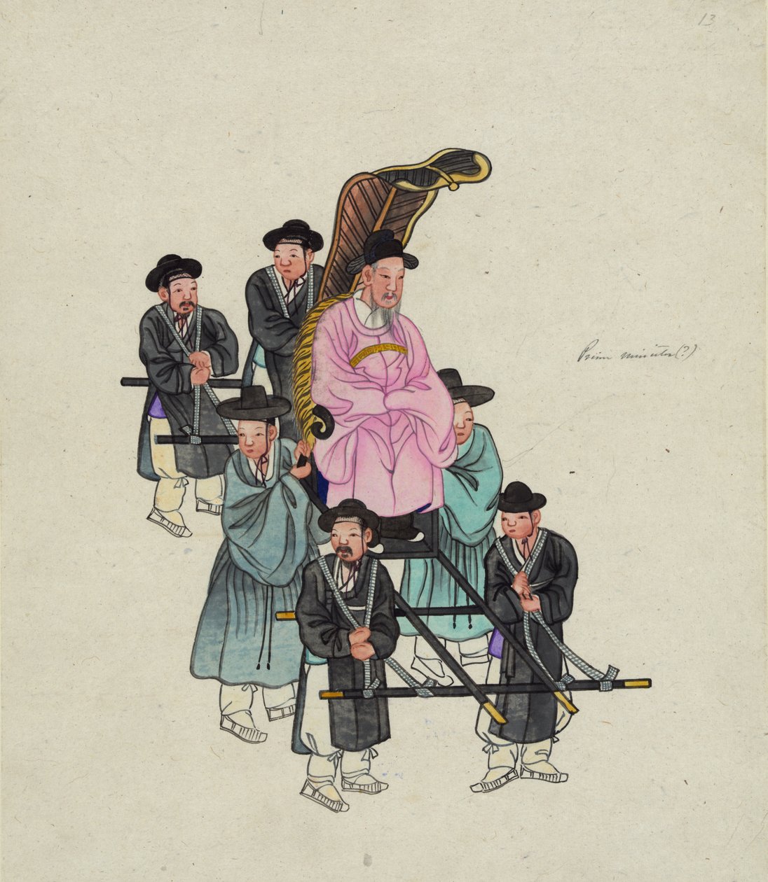 一位韩国高级官员，可能是总理，被抬到一个精致的轿子里，约1890年（水彩画）。 作者 . .