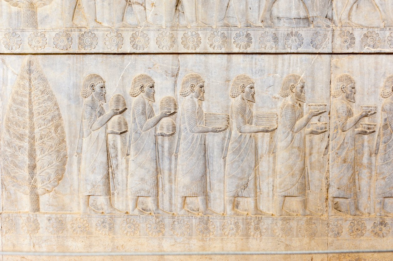 阿契美尼德王朝的古代浮雕；爱奥尼亚人的代表团；阿帕达纳宫；考古遗址；波斯古城波斯波利斯；联合国教科文组织世界文化遗产；法尔斯省；伊朗；亚洲 作者 弗雷德里克（致）巴纳德