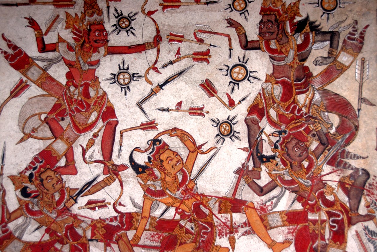 皇宫中的天花板画；诸神之战；Kerta Gosa；Taman Gili宫殿；Klungkung；Semarapura；巴厘岛；印度尼西亚；东南亚；亚洲 作者 弗雷德里克（致）巴纳德