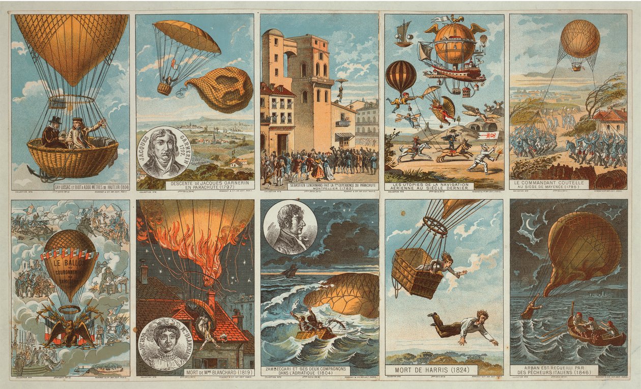 带有1795年至1846年热气球历史事件图片的收藏卡，约1900年（色版画）。 作者 . .
