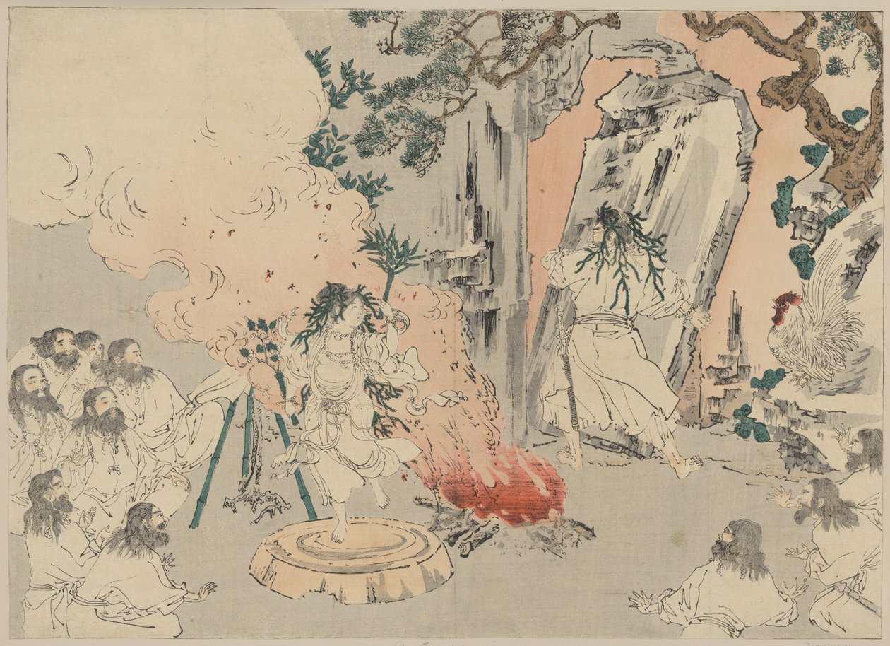女伯爵 "跳舞引诱太阳神天照大神出洞，约1890年（木刻）。 作者 . .