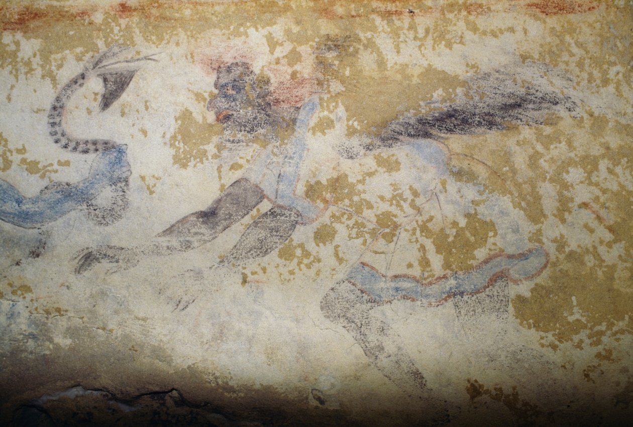 恶魔，壁画，蓝色恶魔之墓，塔尔基尼亚墓园（联合国教科文组织世界遗产名录，2004年），意大利拉齐奥，伊特鲁里亚文明，公元前5世纪（图片）。 作者 丹尼尔·范登克伯恩