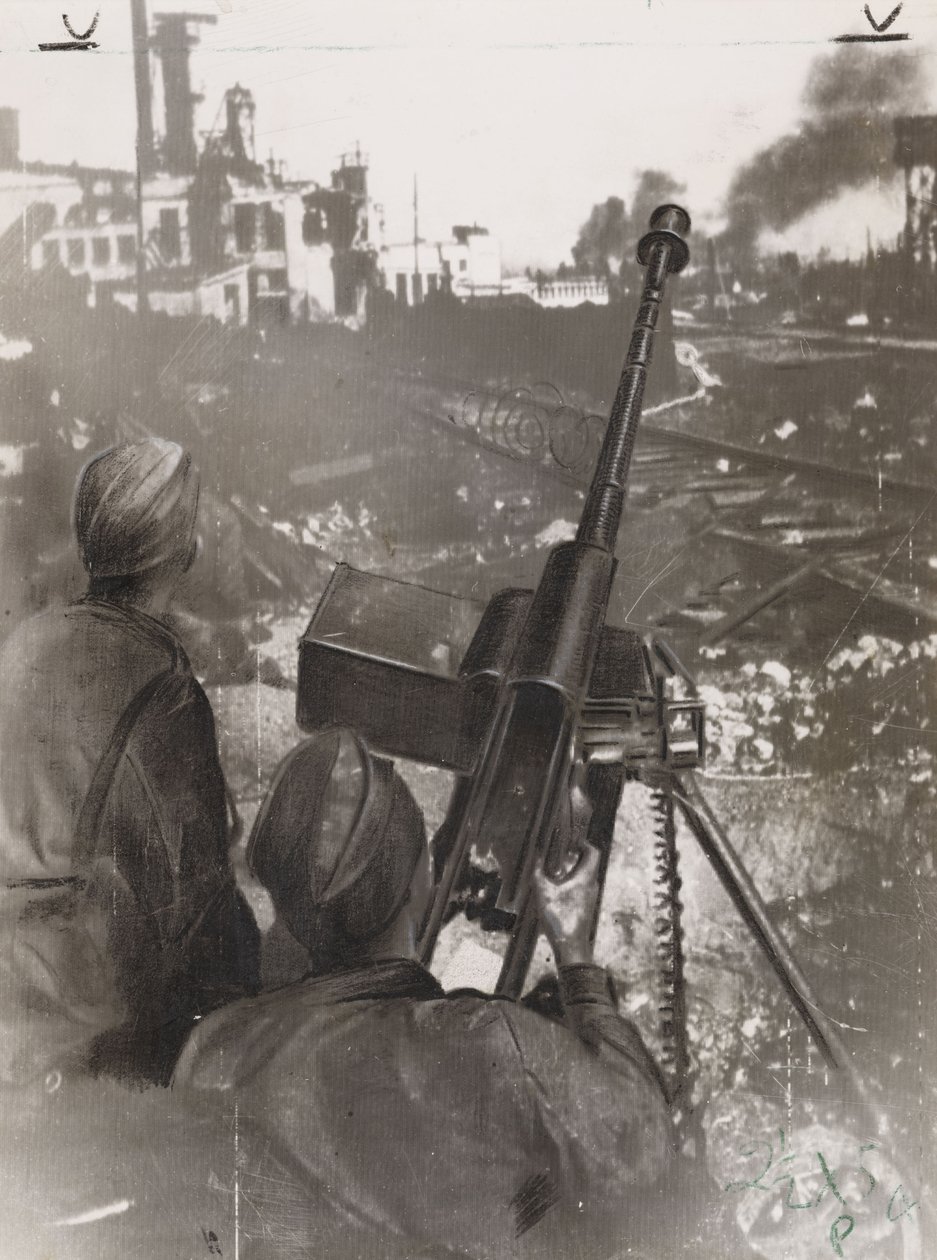 第二次世界大战（1939-1945）：1942年斯大林格勒战役（俄罗斯）期间，两名俄罗斯反坦克炮手在铁轨附近保卫工厂 作者 弗雷德里克（致）巴纳德