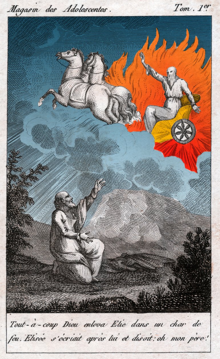 以利亚飞向天空，约1880年（雕刻）。 作者 . .