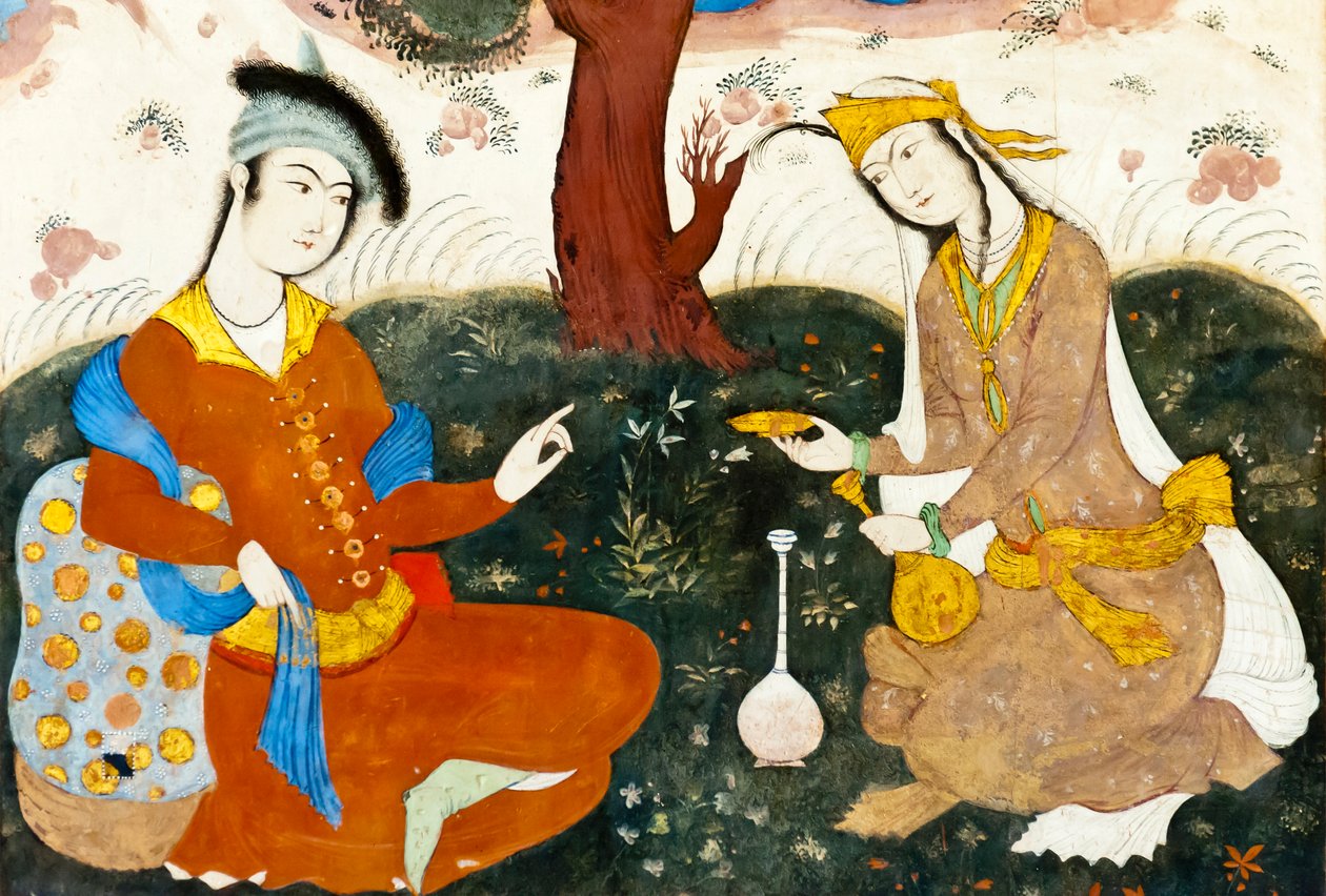 壁画；两位恋人；波斯微型画；Chehel Sotoun；四十柱宫；伊斯法罕；伊朗；亚洲 作者 弗雷德里克（致）巴纳德