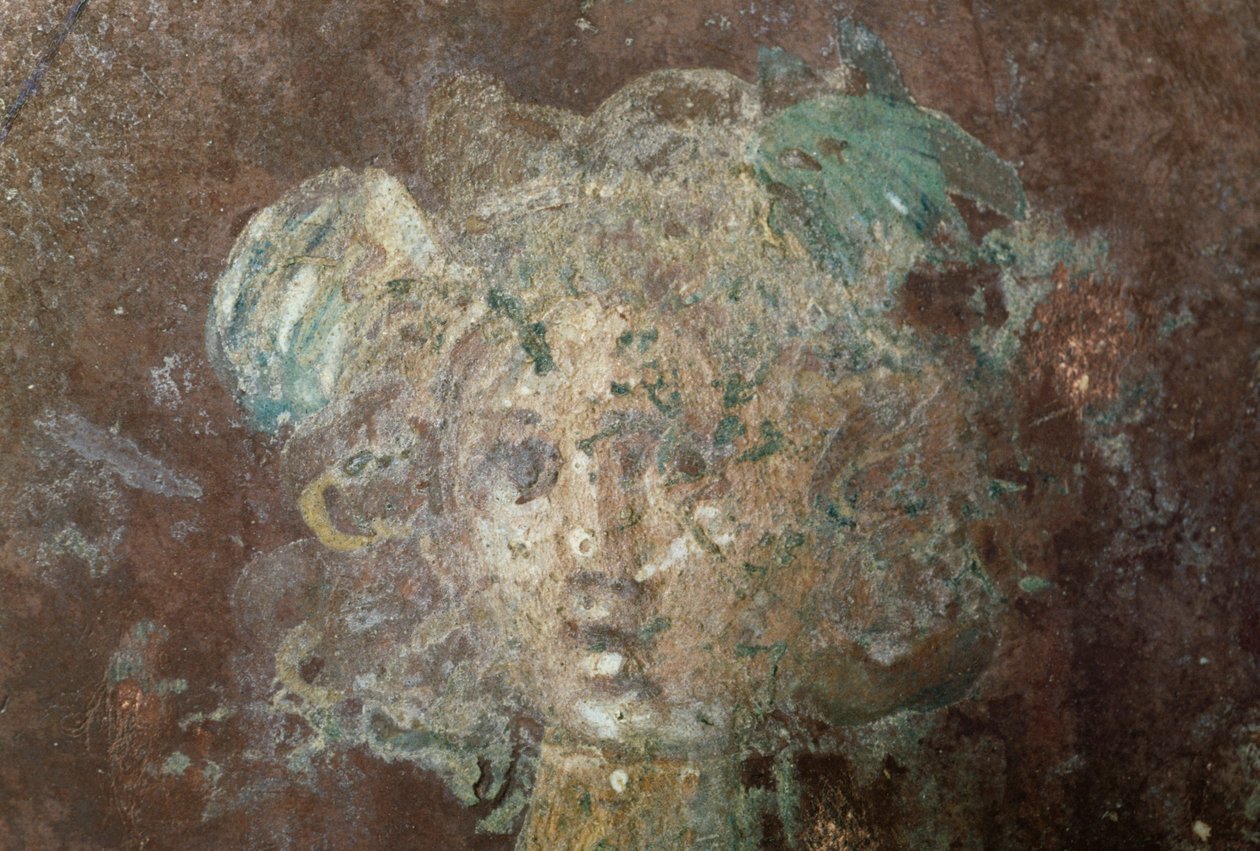 美杜莎的头，描绘珀尔修斯的壁画细节，来自意大利坎帕尼亚斯塔比亚城堡的斯塔比亚古城，罗马文明（图片）。 作者 塞维里尼