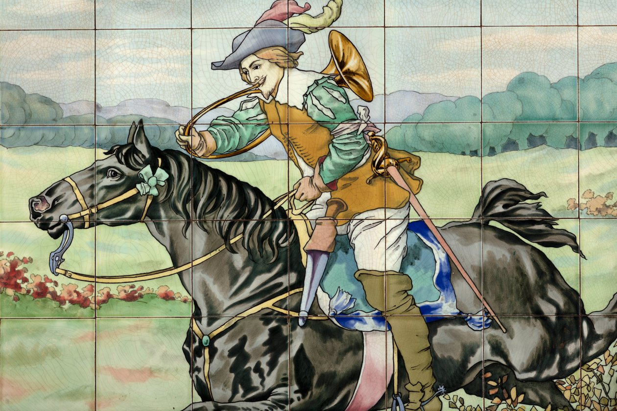 内景，瓷砖面板，画家Furcy Ernest Tondeur，执行者Boch Frères La Louvière，第二面板显示的是狩猎场景，骑手带着狩猎的号角飞奔。 作者 . .
