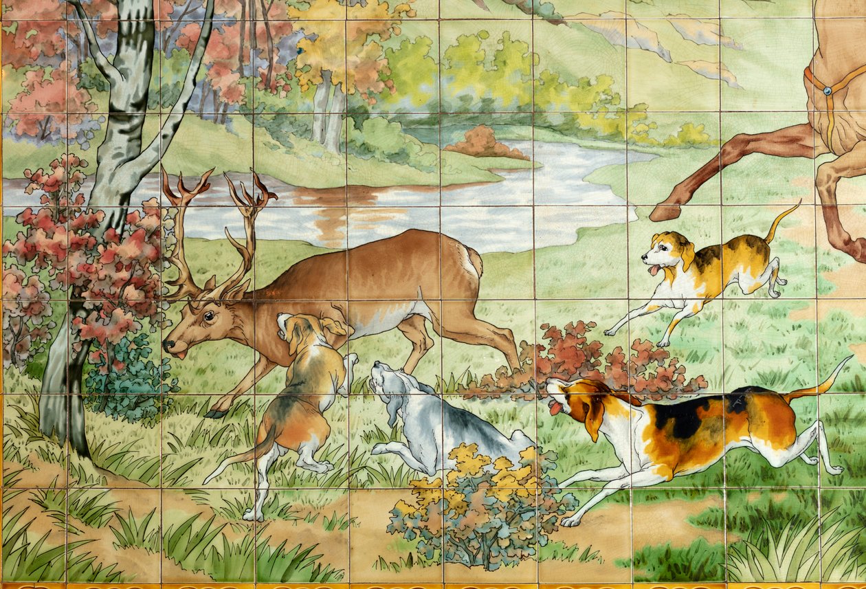 内景，瓷砖板，画家Furcy Ernest Tondeur，执行者Boch Frères La Louvière，第一板，有三个骑士的狩猎场景，细节 作者 . .