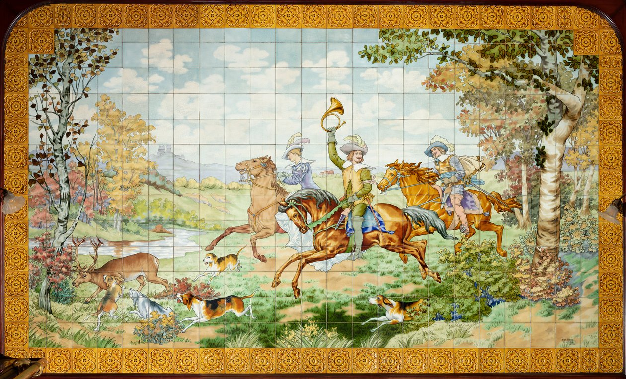 内景，瓷砖板，画家Furcy Ernest Tondeur，执行人Boch Frères La Louvière，第一幅，有三个骑士的狩猎场景 作者 . .
