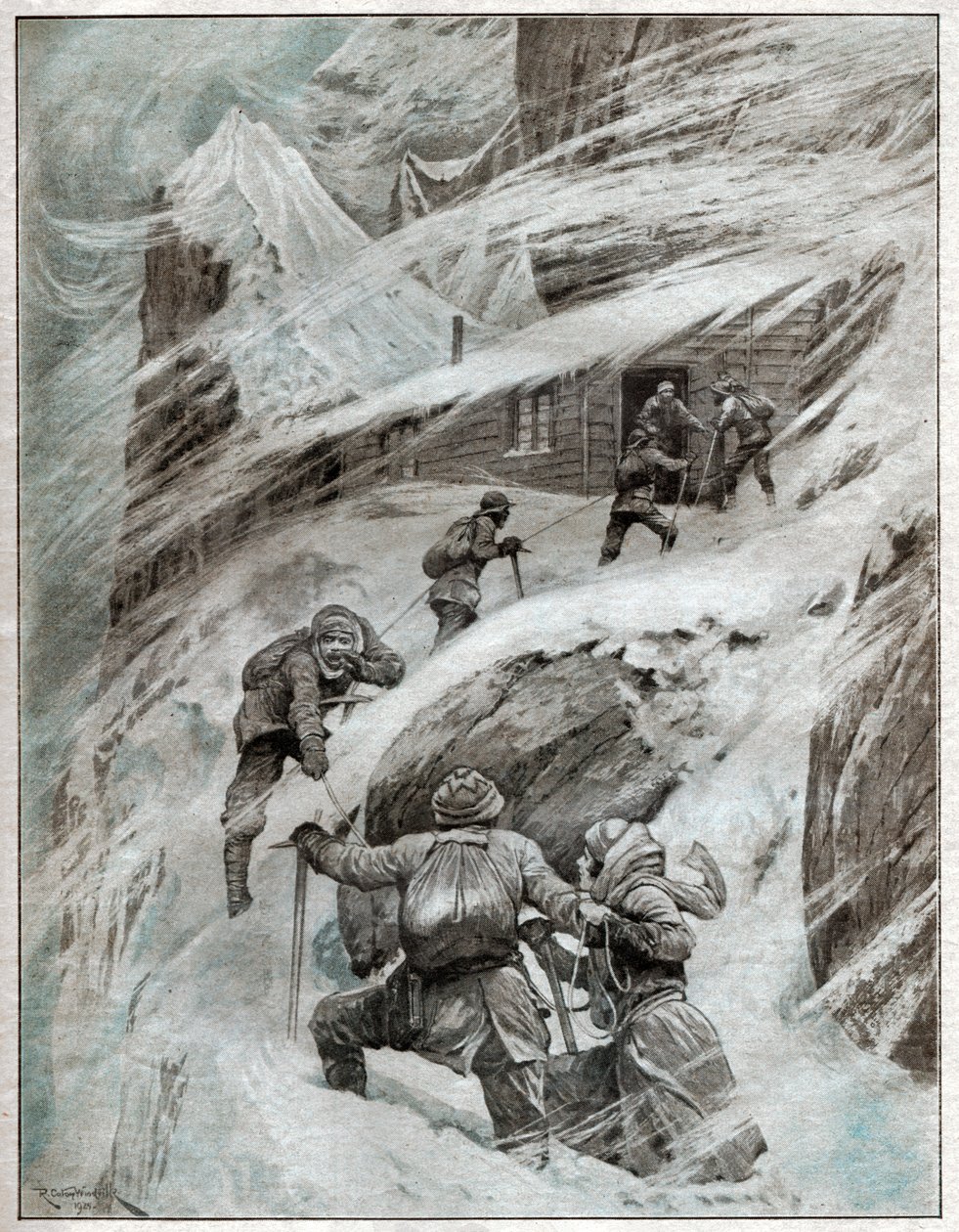 意大利游客被困在意大利阿尔卑斯山的风暴中。1925年（插图） 作者 . .