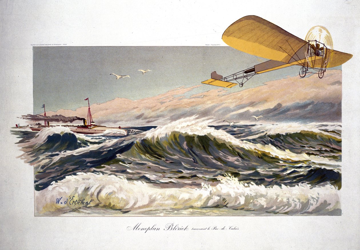 Louis Bleriot（1872-1936），法国飞行家，1909年7月25日，乘坐他的单翼飞机 "Bleriot XI "穿越英吉利海峡。 作者 费迪南德·乔治·沃尔德米勒