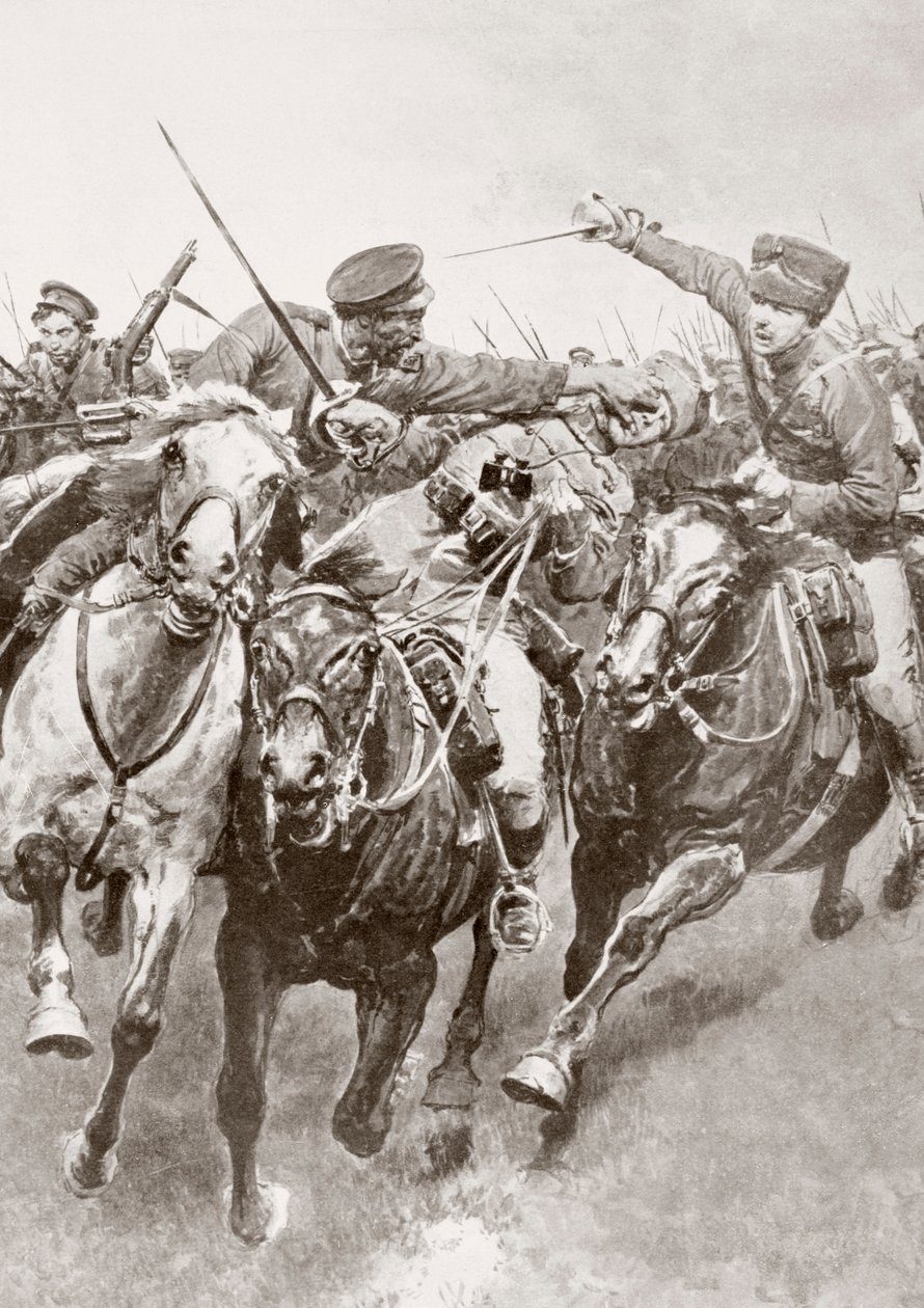 第一次世界大战期间，1914年8月，在东普鲁士的Korschen和Bartenstein之间，俄罗斯哥萨克和被称为Schwansfeld死亡轻骑兵的德国骑兵之间的骑战，来自La Esfera。 作者 费迪南德·乔治·沃尔德米勒