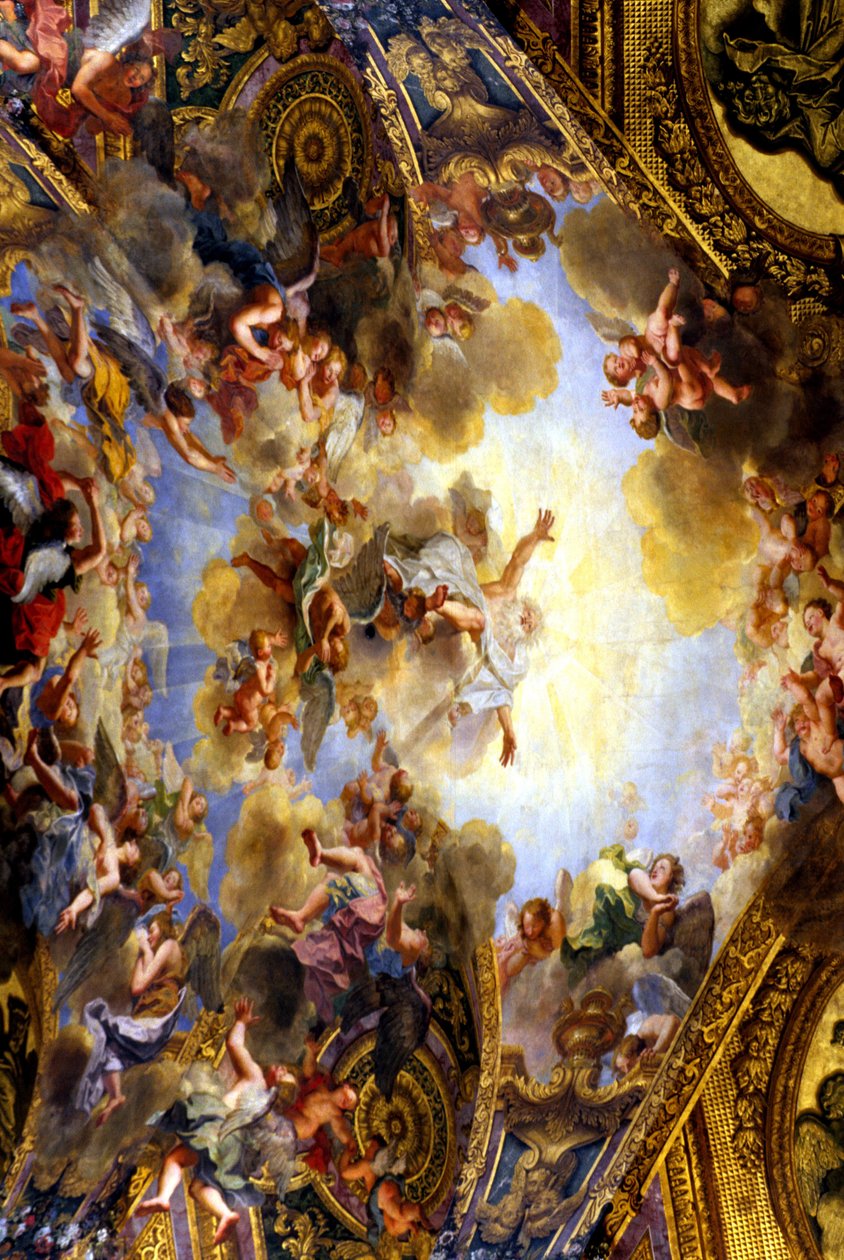 安托万-科伊佩尔（Antoine Coypel，1661-1722）绘制的皇家小教堂穹顶画。它的标题是 "永恒的父亲在他的荣耀中给世界带来了救赎的承诺"。皇家小教堂由儒勒-阿尔杜安-芒萨尔（Jules Hardouin Mansart，1646-1708）于1699年开始建造，并已完工。 作者 . .