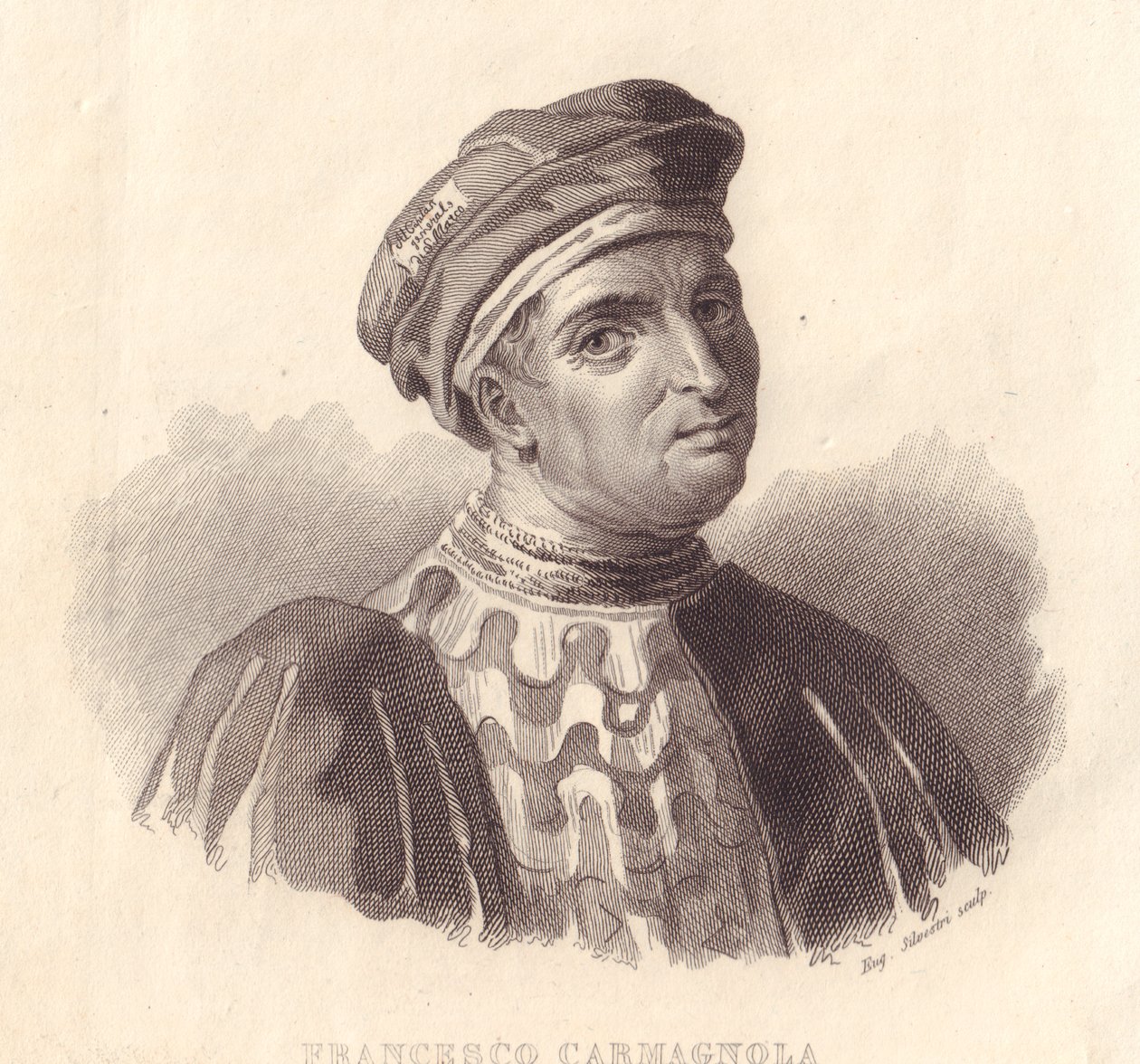 意大利军事领袖弗朗西斯科-达-布松（Francesco da Bussone）的肖像，又称卡马尼奥拉（Carmagnola）（1380-1432），E-西尔维斯特里的铜版画。 作者 塞维里尼