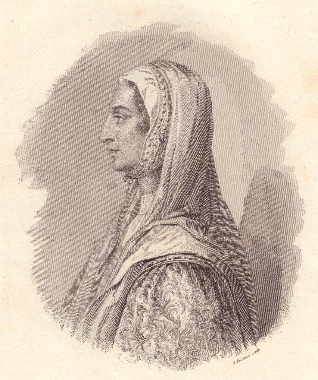 意大利贵族妇女Beatrice Lascaris di Tenda（1372-1418）的肖像，由G Fusinati根据Antonio Campo出版的肖像画进行铜雕。 作者 塞维里尼