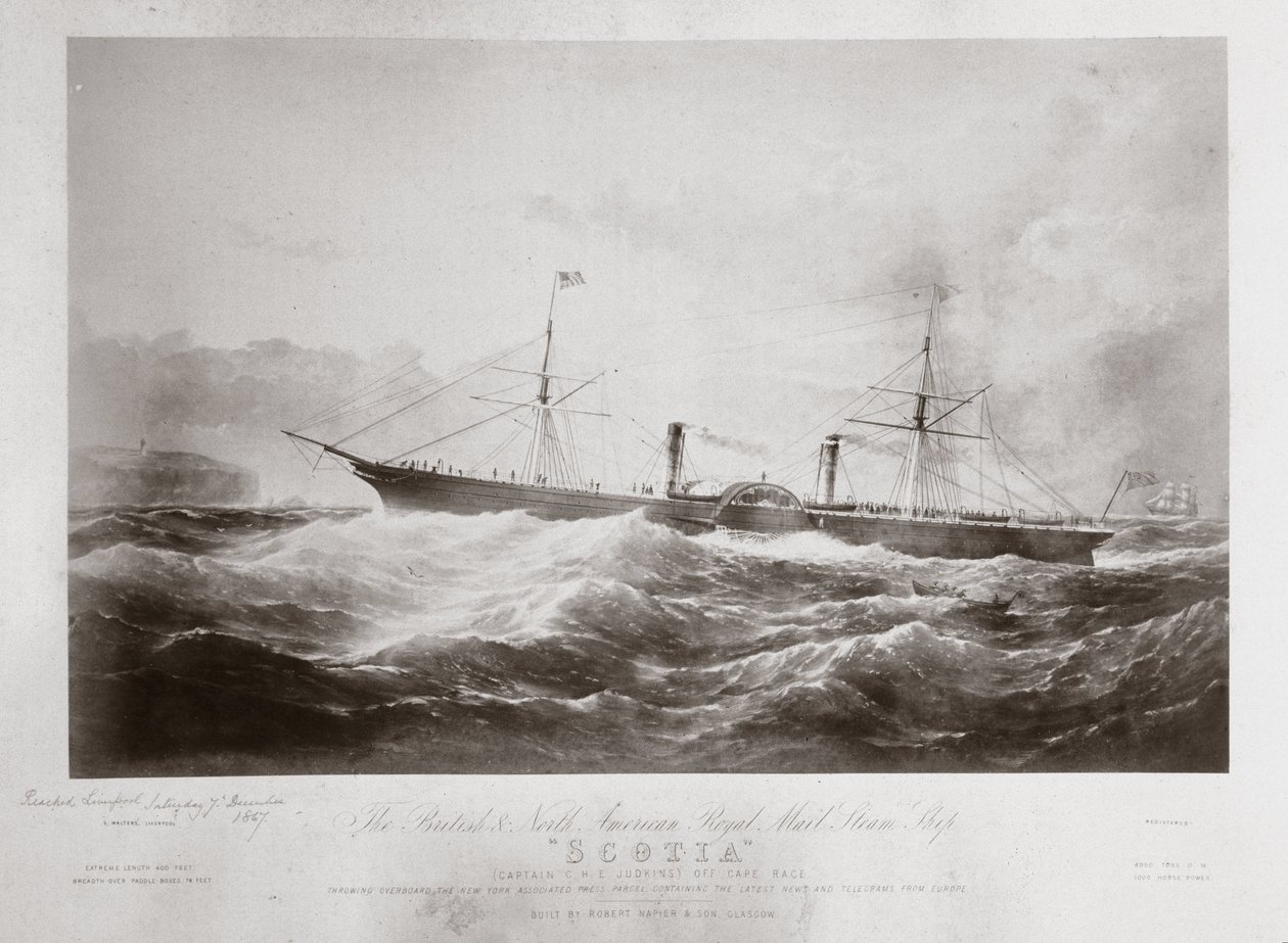 英国和北美皇家邮政蒸汽船 "Scotia "号，约1867年 作者 费迪南德·乔治·沃尔德米勒