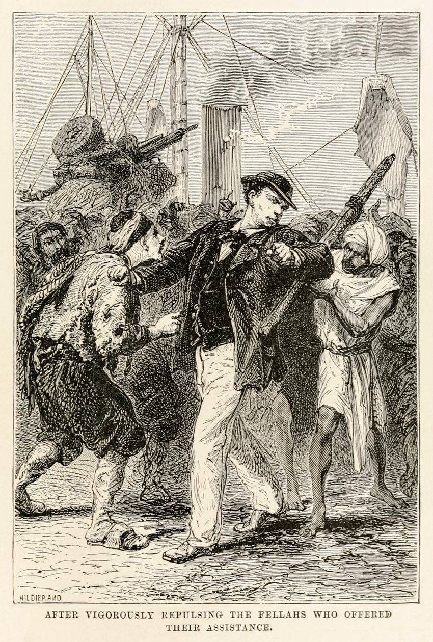 经过Jules Verne（1828-1905）的八十天环游世界，大力排斥提供援助的客户，1873年由Henri-ThéophileHildebrand（1824-1897）雕刻（雕刻） 作者 在Alphonse Marie de Neuville之后