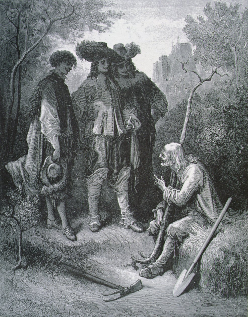 老男人和三个年轻人的插图，来自寓言的Jean de La Fontaine（1621-95） 作者 古斯塔夫之后多尔