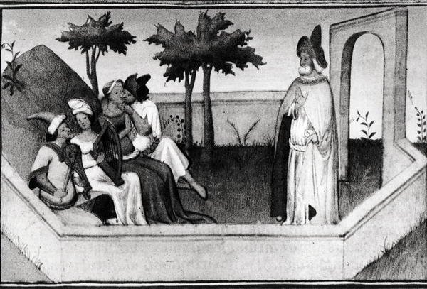 Ms 2810女士来自山区的老人如何在花园里接受追随者，来自Livre des Merveilles du Monde，c.1410-12 作者 和作坊Boucicaut Master