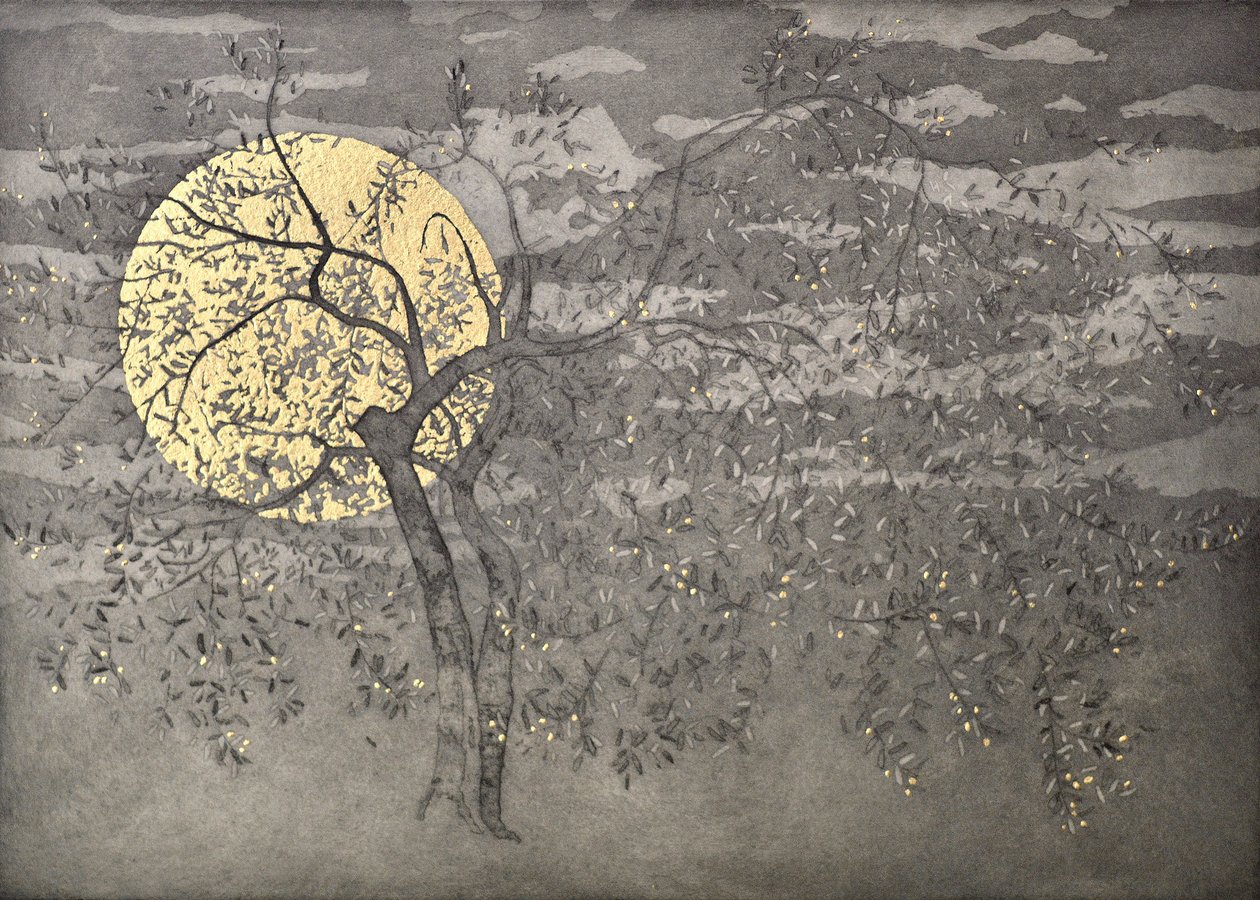 Flamenco poise, 2018, etching and aquatint, with gold leaf on paper 作者 安格斯火腿
