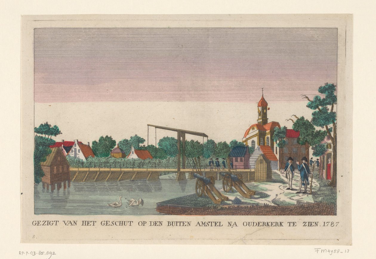 位于 Ouderkerk 的炮台，1787 年
Gezigt van het geschut on den Buiten Amstel na Ouderkerk te zien 1787（物上标题）
1787 年阿姆斯特丹周围的炮台（德文副本）（系列标题） 作者 匿名（归因于）